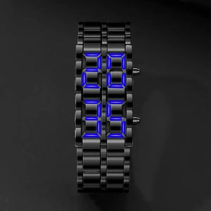 Fashion Black Digital LED Metal Wristwatch Men Sport Creative Clock Blue Display