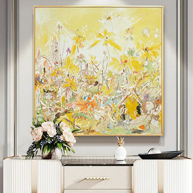 Scandinavian Yellow Floral Wall Art - Textured Landscape Oil Painting Poster