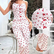 Load image into Gallery viewer, 2-Piece Women's Sexy Transparent Mesh Lace Set with Ribbed Printed Strap Top and Pants Home Clothes Pajama Set