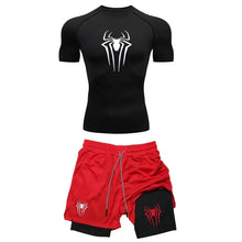 Load image into Gallery viewer, Men's Workout Compression Set Y2K Spider Printed Gym Tshirts Breathable Running Shorts Quick Dry Sports Rash Guard Sportwear Set