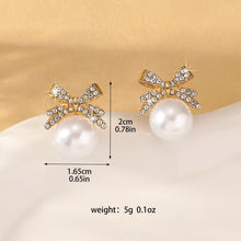 Load image into Gallery viewer, 2 Women's Silver Needle Bow Studded With Diamond Pearl Earrings, Fashionable And Niche Design, High-end And Refreshing Earrings