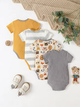 Load image into Gallery viewer, 4PCS Summer Baby Jumpsuit Set - Cartoon Lion &amp; Striped, Short Sleeve, 0-1 Year Boys