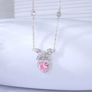 925 Sterling Silver Bow Pendant Necklace with Heart Pink Zircon, Gift for Women