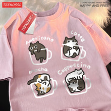 Load image into Gallery viewer, Cat Coffee Pure Cotton Trendy Summer Loose Short Sleeved T-shirt Men Women Original Mocha Latte Cat Three Flowers Fun Cat Tees