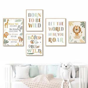 Customized Baby Name Poster Jungle Animals Lion Zebra Elephant Canvas Painting Kis Bedroom Wall Art Print Pictures Nursery Decor
