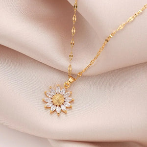 Luxury Flower Pendant Necklace: Gold Titanium Chain Zirconia Inlaid Jewelry