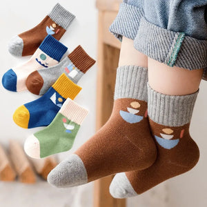 Cute Cartoon Kids Socks - 5 Pairs Warm Knit Floral Short Socks