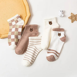 5 Pairs Teddy Bear Ankle Socks - Comfy Women's Crew Stockings - Cute Short Socks Set