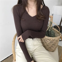 Load image into Gallery viewer, Autumn Winter Women Sweaters Casual Long Sleeve Knitted V Neck Pullover Sweater Femme Basic Solid Jersey Tops Fashion Clothes