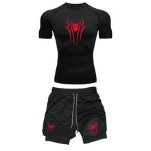 Load image into Gallery viewer, Men's Workout Compression Set Y2K Spider Printed Gym Tshirts Breathable Running Shorts Quick Dry Sports Rash Guard Sportwear Set