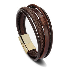 Load image into Gallery viewer, Men Multilayer Leather Bracelet Stainless Steel Braided Rope 21cm