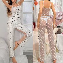 Load image into Gallery viewer, 2-Piece Women's Sexy Transparent Mesh Lace Set with Ribbed Printed Strap Top and Pants Home Clothes Pajama Set