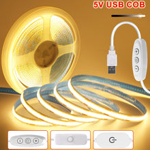 Load image into Gallery viewer, Dimmable COB LED Strip Light 5V USB Flexible LED Tape with ON OFF Switch 320LEDs High Density Linear Lighting with Adhesive Tape