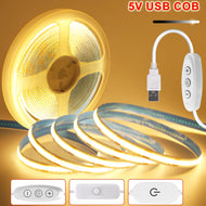 Dimmable COB LED Strip Light 5V USB Flexible LED Tape with ON OFF Switch 320LEDs High Density Linear Lighting with Adhesive Tape