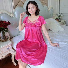 Load image into Gallery viewer, Ladies Ice Silk Nightgowns Sleeping Dress Medium Length Short Sleeve Nightdress Sexy Sleepwear Home Wear Loungewear Pyjama Femme