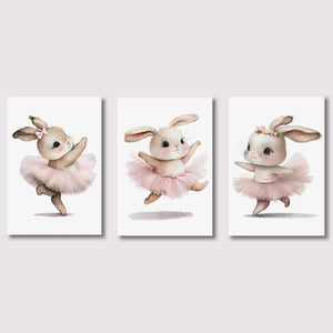 3pcs Cute Ballerina Bunny Ballet Canvas Posters Woodland Animal Print Painting Girls Room Decor Rabbit Wall Art Nursery Decor
