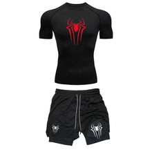 Load image into Gallery viewer, Men's Workout Compression Set Y2K Spider Printed Gym Tshirts Breathable Running Shorts Quick Dry Sports Rash Guard Sportwear Set