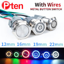 Load image into Gallery viewer, 16 19 22mm With Wire Waterproof Metal Push Button Switch  LED Ring/Power Light Momentary Latching   5/12/24/220V silver1NO1NC