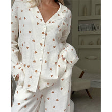Load image into Gallery viewer, Summer New Love Heart Print Pyjama 100% Cotton Long Sleeve Set 2Pcs Outfit Lapel Sleepwear Button Down Women's Pajamas Nightwear