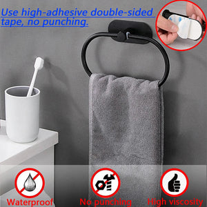 Self-adhesive Stainless Steel Towel Holder Bathroom Kitchen Rack Hanger Ring Black
