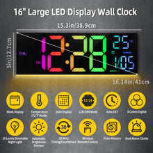 Load image into Gallery viewer, 16" Large Digital Wall Clock, Big LED Display with Remote, 8 RGB Color, Alarm, DST, Temperature for Living Room, Kitchen