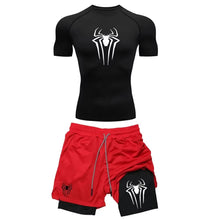 Load image into Gallery viewer, Men's Workout Compression Set Y2K Spider Printed Gym Tshirts Breathable Running Shorts Quick Dry Sports Rash Guard Sportwear Set