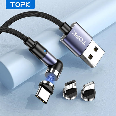 TopK Magnetic 3 in 1 Charging Cable 540 Rotation Micro USB Type C Fast Charger