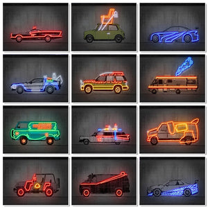 Neon Police Car Canvas Painting Abstract Poster Kid Room Wall Art