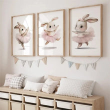 Load image into Gallery viewer, 3pcs Cute Ballerina Bunny Ballet Canvas Posters Woodland Animal Print Painting Girls Room Decor Rabbit Wall Art Nursery Decor