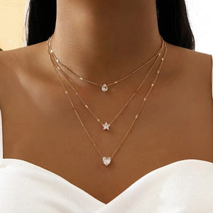 Gold Multilayered Pendant Necklace Set - Star & Heart Shaped Jewelry for Women