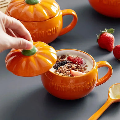 Pumpkin Cup with Lid & Spoon – Creative Ceramic Water Cup for Breakfast & Oatmeal