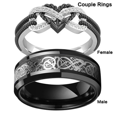 Stainless Steel Celtic Dragon Couple Rings Set Black Zircon Heart Wedding Jewelry