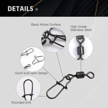 Load image into Gallery viewer, 50pc/box Stainless Steel Fishing Connector Pin Bearing Rolling Swivel with Snap Fishhook Lure Accessories