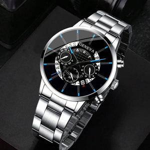 Men's Stainless Steel Quartz Calendar Wristwatch Luxury Business Casual Leather Watch