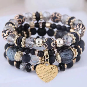 Boho Crystal Beads Bracelets: Heart Letter Elastic Bangles Set for Women