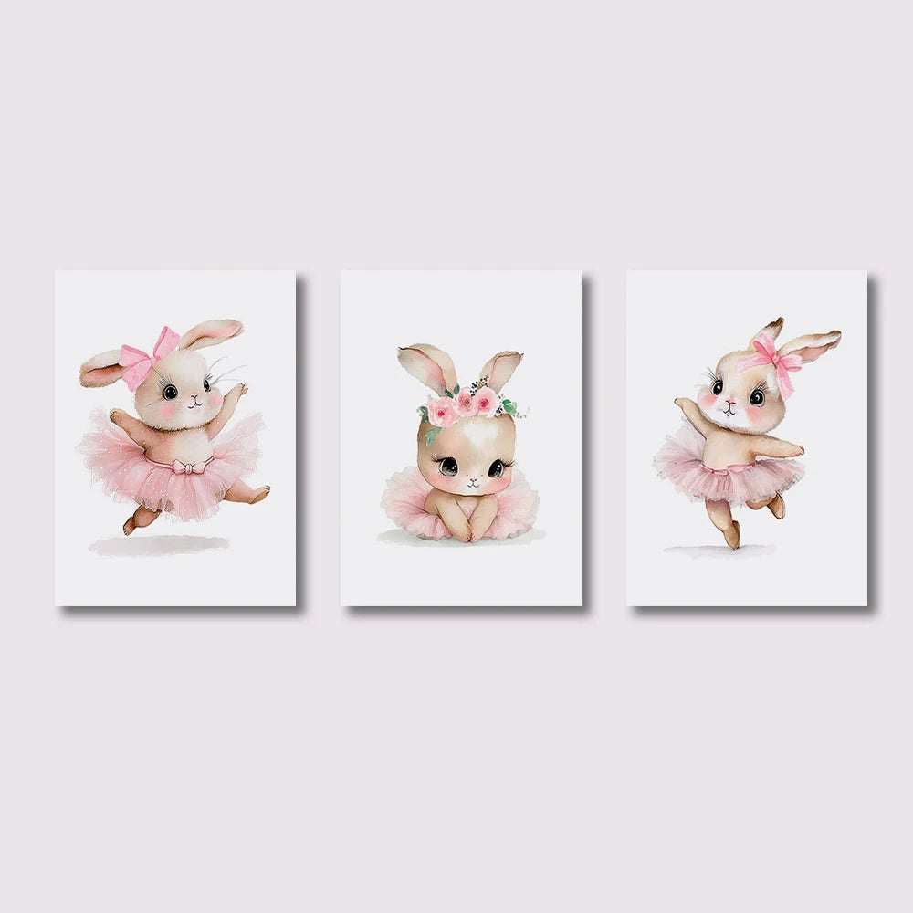 3pcs Cute Ballerina Bunny Ballet Canvas Posters Woodland Animal Print Painting Girls Room Decor Rabbit Wall Art Nursery Decor