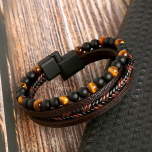 Men's Leather Bracelet! Tiger Eye, Multi-Layer, Classic