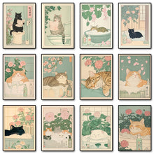 Load image into Gallery viewer, Japanese Tabby Cat in Bathtub Poster Prints Canvas Painting Retro Aesthetic Wall Art Picture Japandi Bathroom Toilet Home Decor