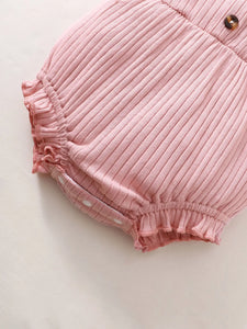 Baby Girl Romper - Pink Ribbed Sling Bodysuit + Headwear - Summer Jumpsuit with Buttons