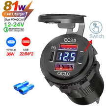 Load image into Gallery viewer, NEW 117W Dual PD Dual QC 3.0 USB Car Charger with Voltmeter Socket Power Outlet Adapter Waterproof for 12V/24V Car Boat Hot Sale