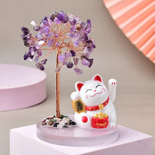 Load image into Gallery viewer, Solar Energy Lucky Cat Handwoven Natural Crystal Tree Decoration