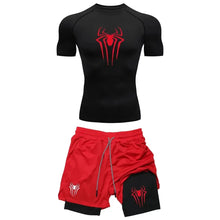 Load image into Gallery viewer, Men's Workout Compression Set Y2K Spider Printed Gym Tshirts Breathable Running Shorts Quick Dry Sports Rash Guard Sportwear Set