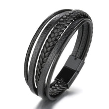 Load image into Gallery viewer, Men Multilayer Leather Bracelet Stainless Steel Braided Rope 21cm
