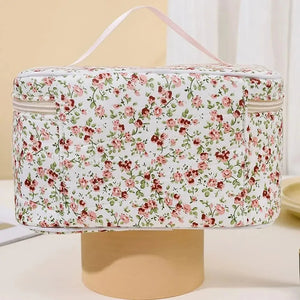 Cotton Floral Cosmetic Pouch Dual Zipper Makeup Organizer Travel Storage Bag