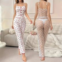 Load image into Gallery viewer, 2-Piece Women's Sexy Transparent Mesh Lace Set with Ribbed Printed Strap Top and Pants Home Clothes Pajama Set
