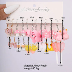 12 Pairs Children's Earrings Set - Butterfly, Candy, Duck, Cow, Mushroom Pendants