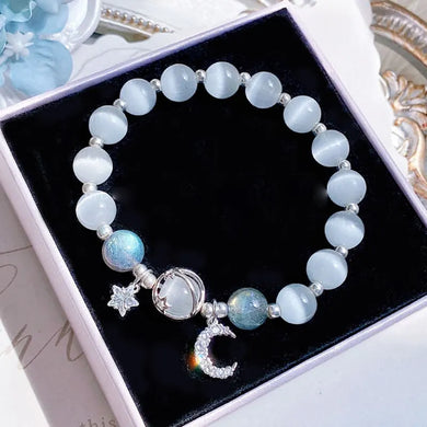 Blue Opal Stone Bracelet - Shiny Crystal Moon Star Bangle for Women Girls