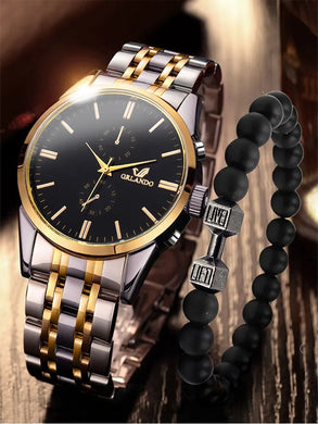 Men's Watch & Bracelet Set! Gold, Big Dial, Gift Set