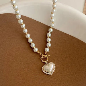 Elegant Pearl Necklace for Women Heart Pendant Chain Korean Jewelry Girls Gifts