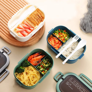 Portable Double-Layer Lunch Box Microwave Food Storage Container with Fork and Spoon